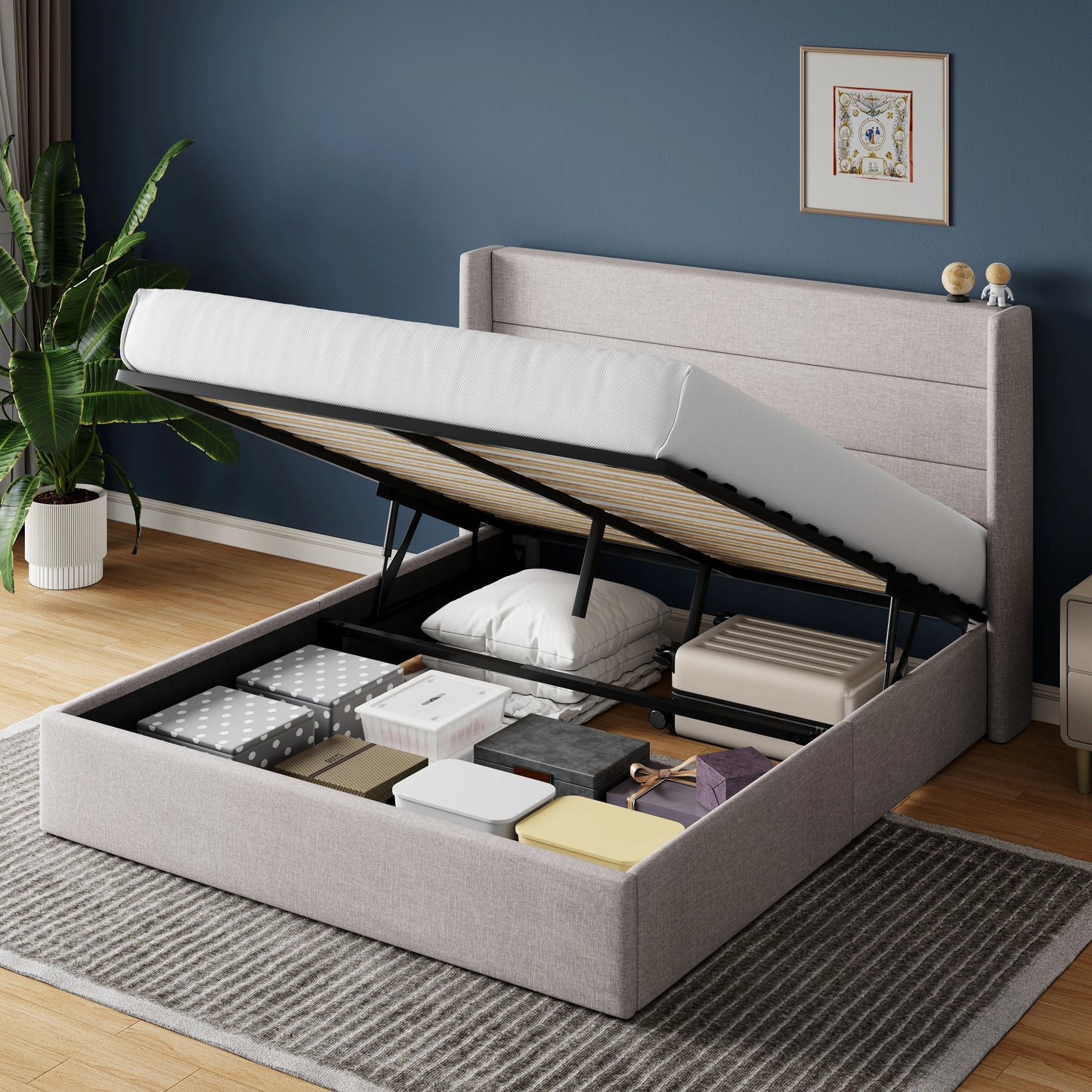 HOOMIC Lift Up Storage Bed With Wingback Headboard