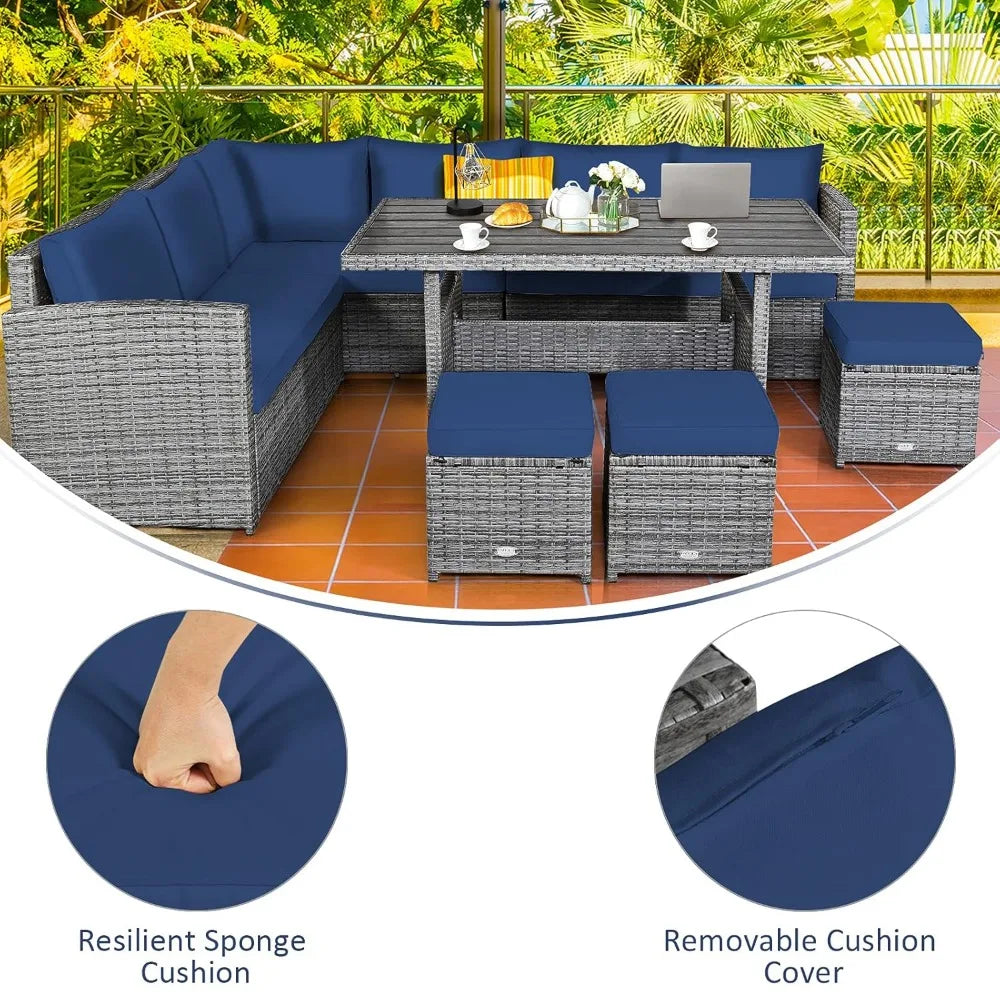 Patio Rattan Sectional Dining Set With All Weather Cushions