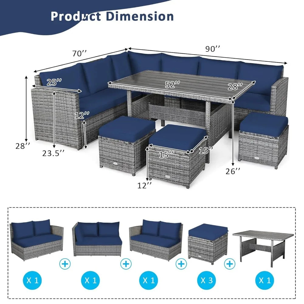 Patio Rattan Sectional Dining Set With All Weather Cushions