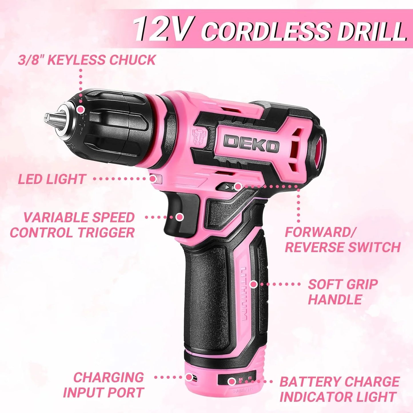 DEKO 12V Cordless Drill Toolbox Set With Organizer Drawer