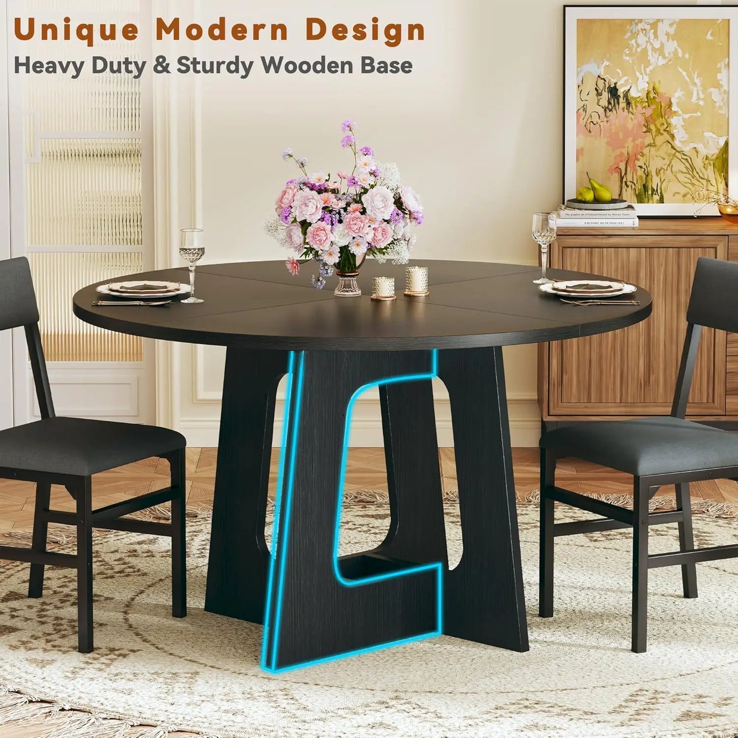 Round Dining Table Set for Six with Wood Base and Modern Style