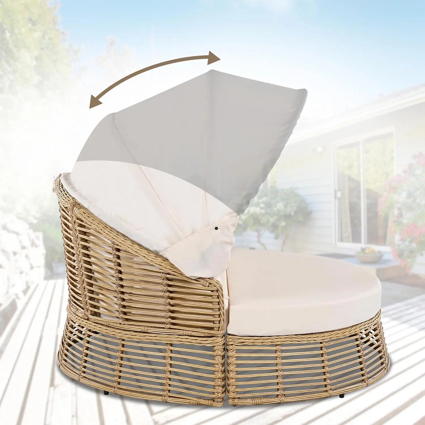 Outdoor Patio Rattan Round Daybed With Retractable Canopy Poolside