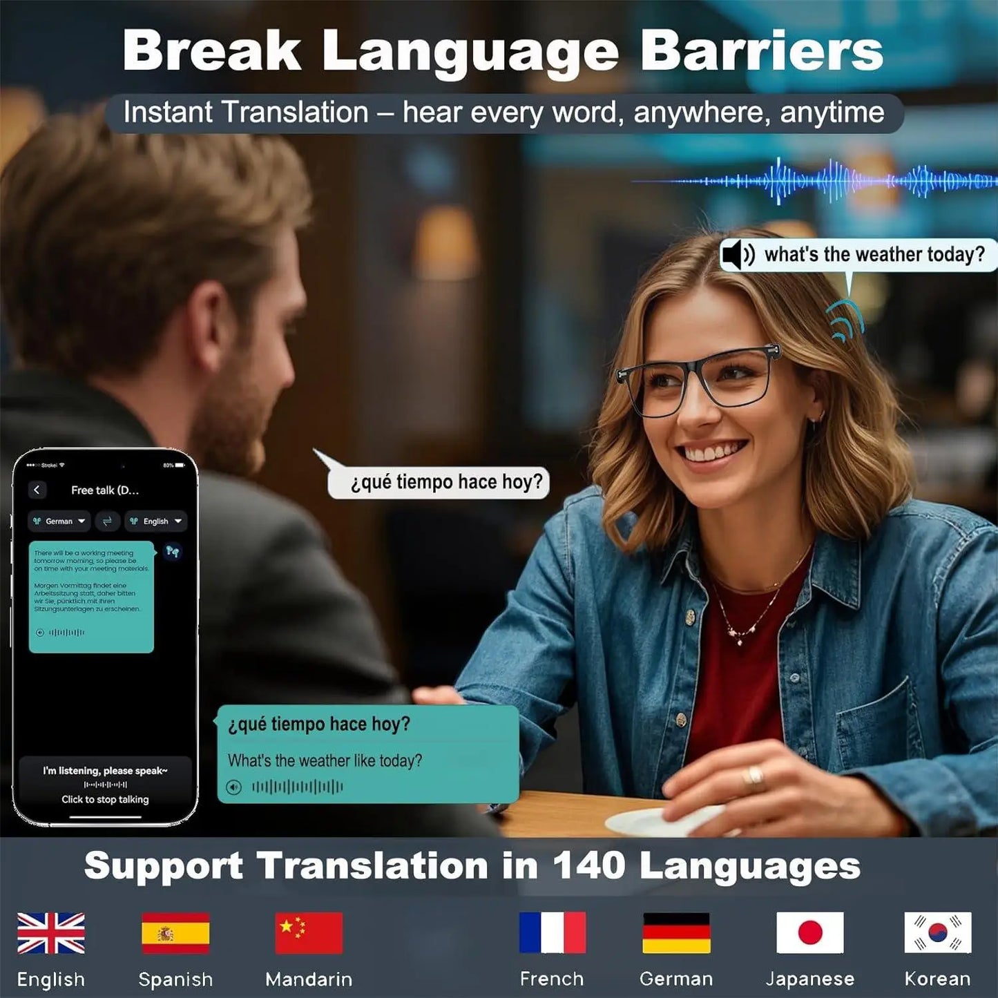 Giinova AI Translation Smart Glasses Real-Time Translation 160 Languages