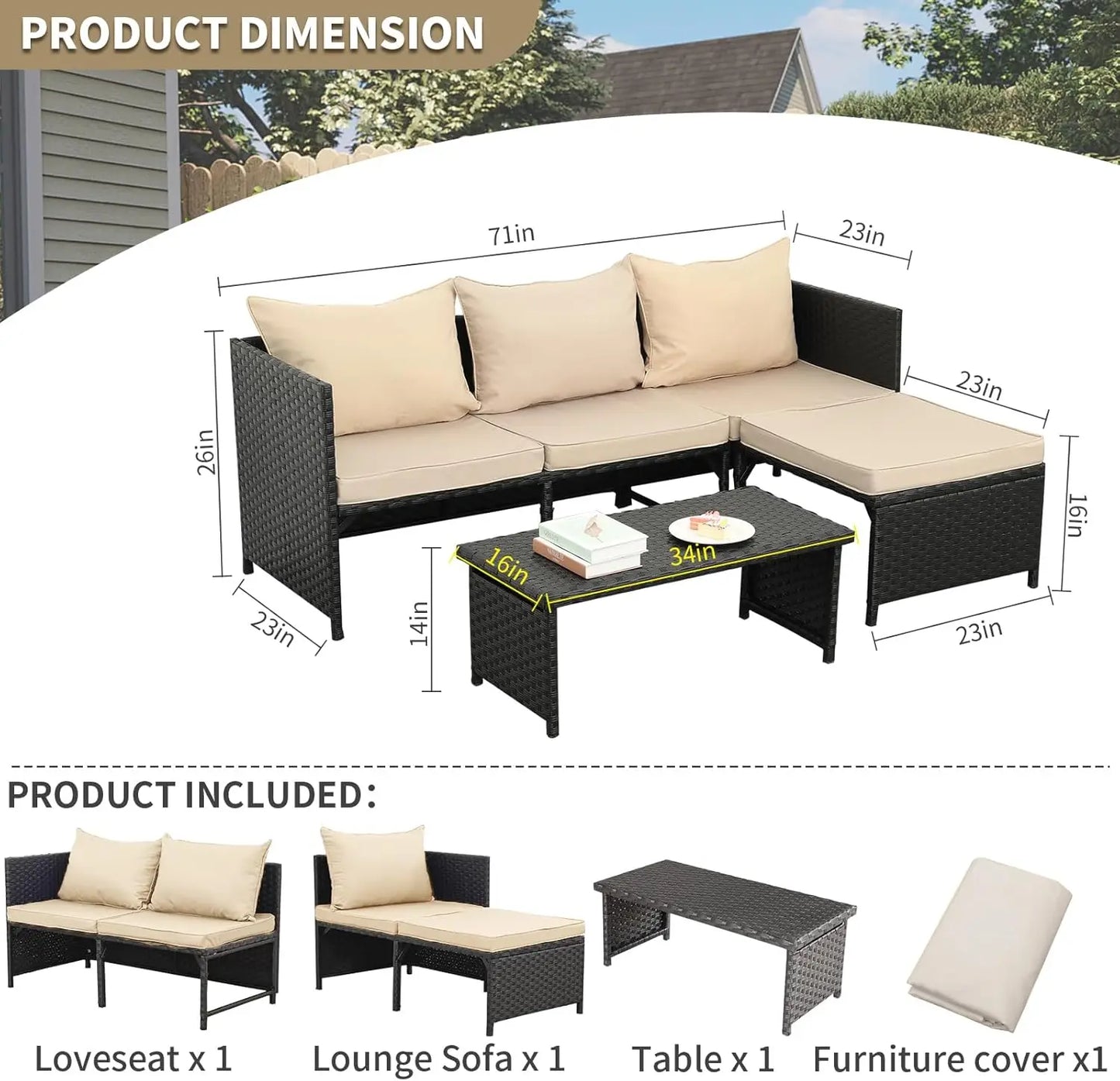 Outdoor PE Rattan 3 Piece Furniture Set For Patio Lounge