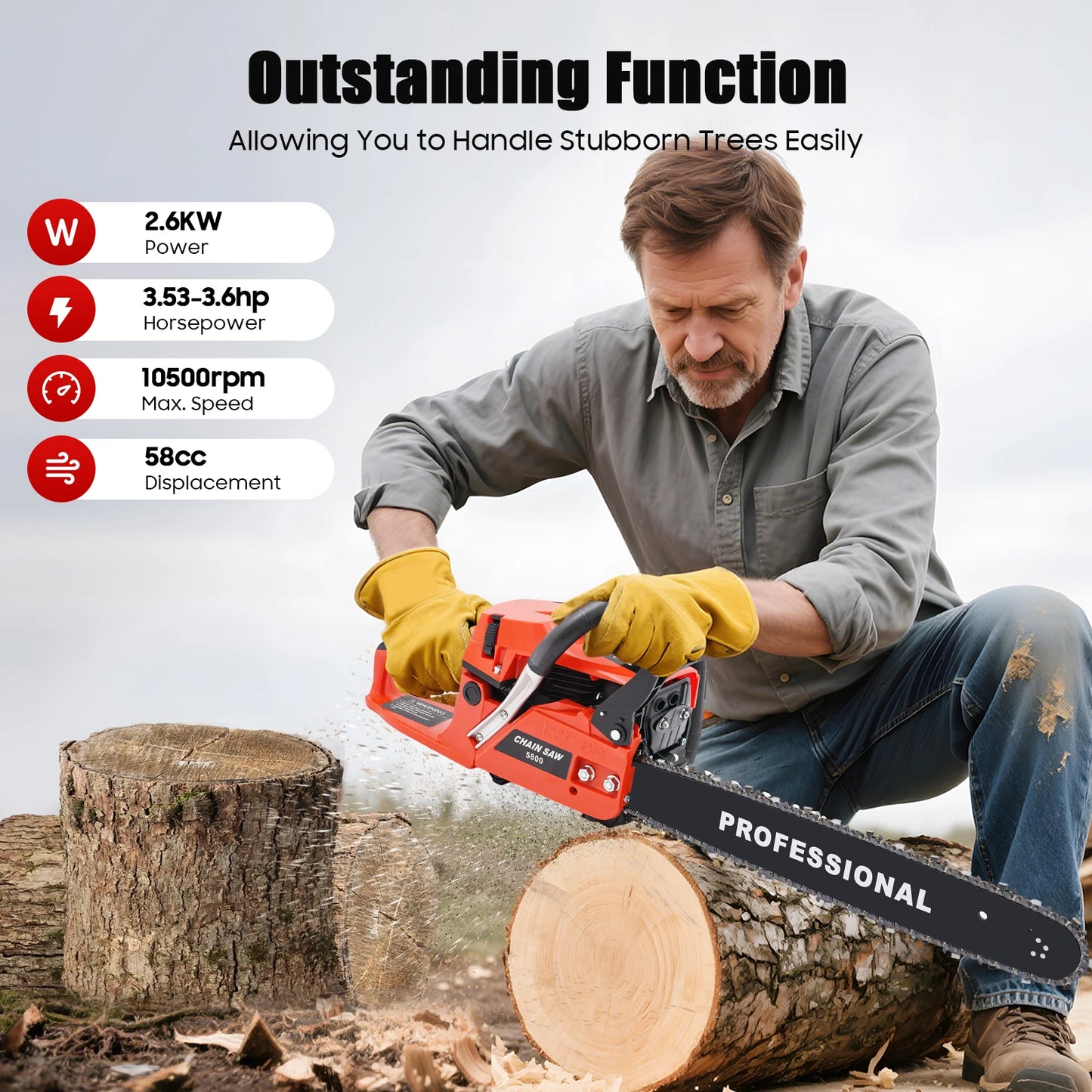 2-Stroke Gas Chainsaw For Wood Cutting And Pruning