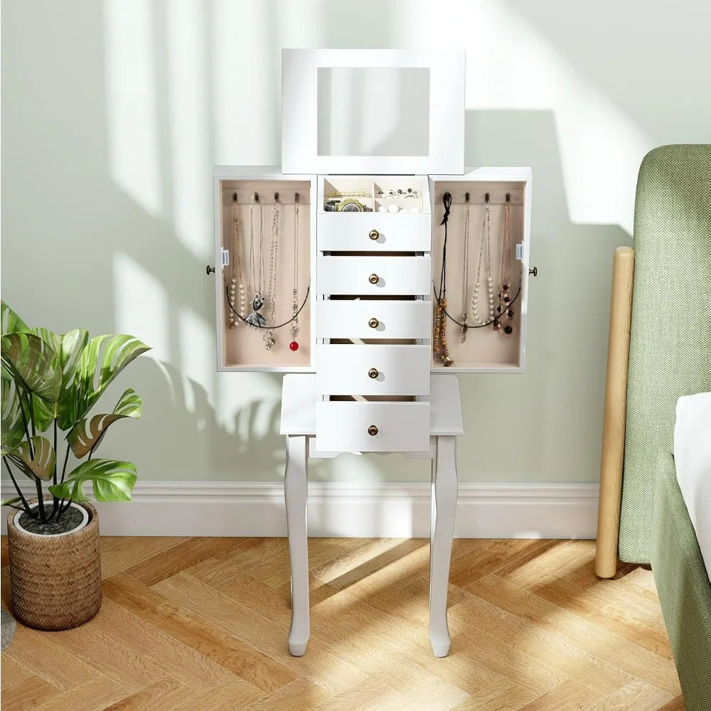 Standing Jewelry Armoire Cabinet With Mirror Top And Drawers