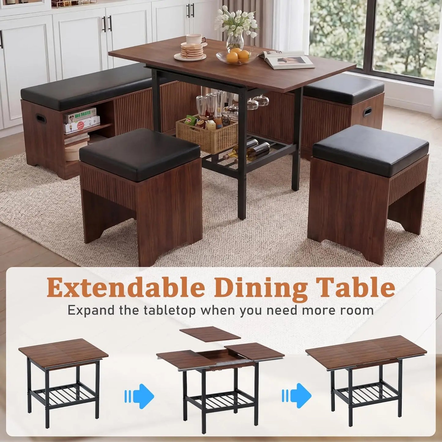 Extendable Breakfast Nook Table Set With Storage Benches And Stools