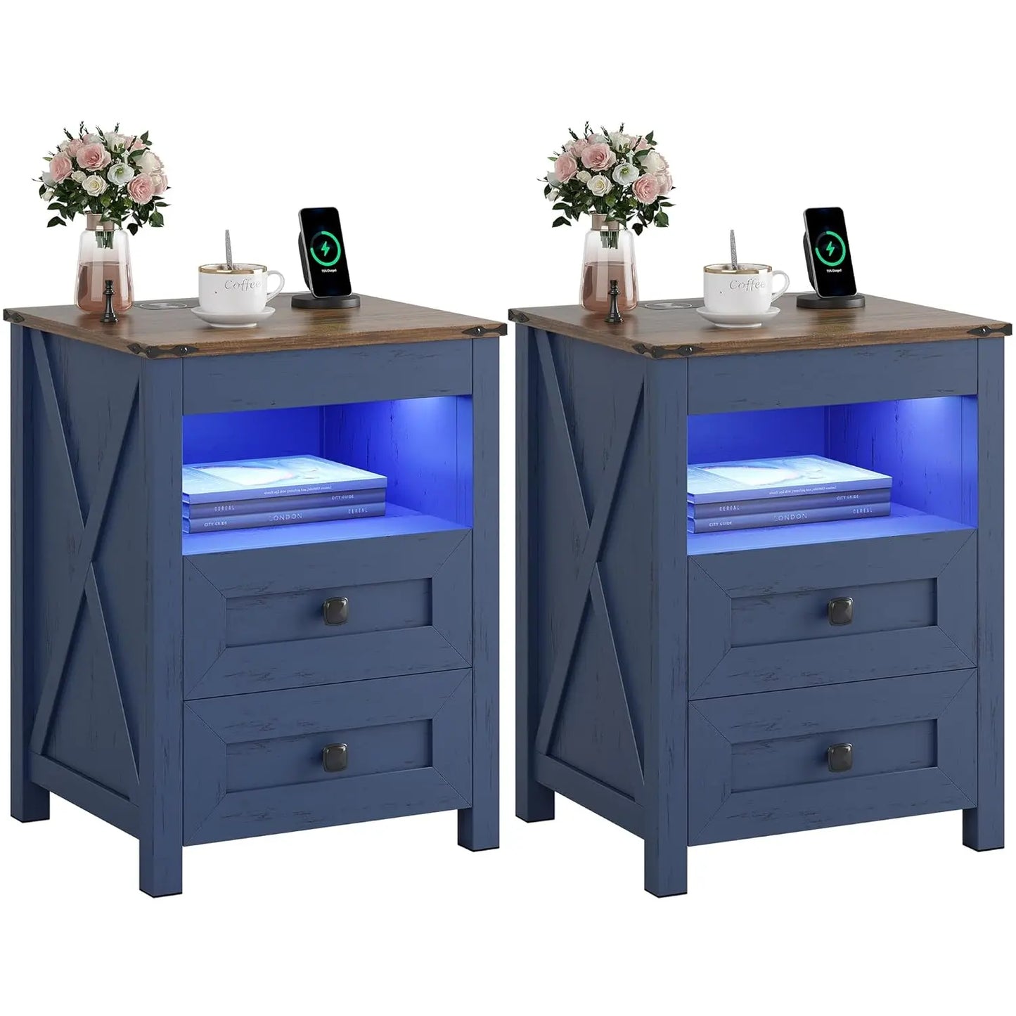 Frame LED Nightstand Set With Charging Station And Drawer