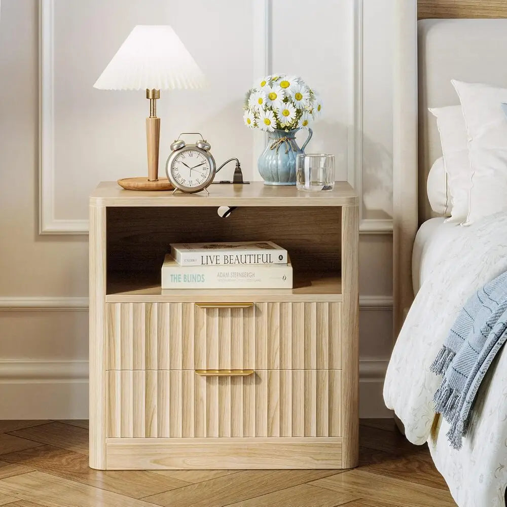IRONCK Fluted Nightstand Set Of 2 With Charging Station
