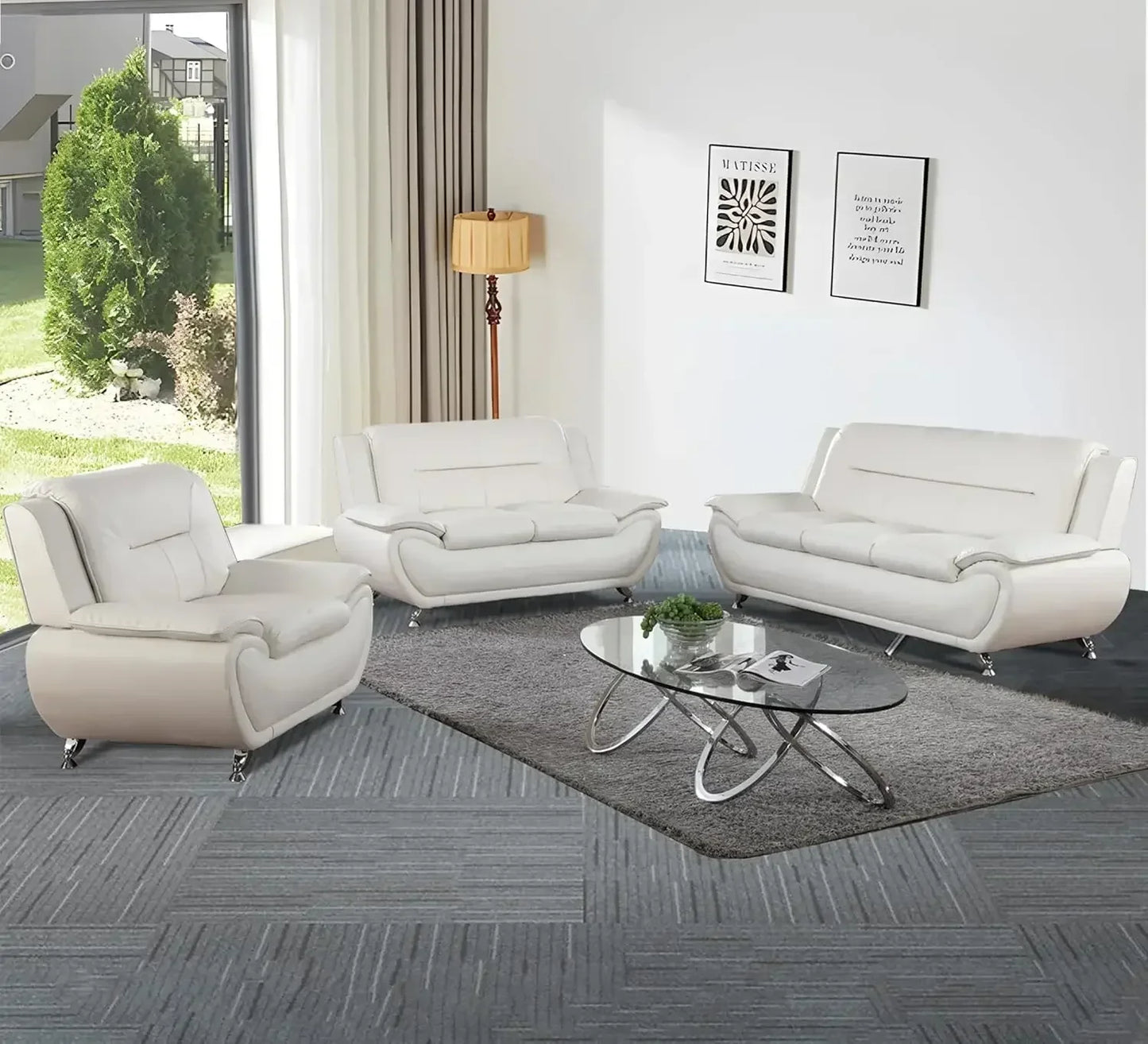 Faux Leather 3 Piece Living Room Couch Set Modern Sofa