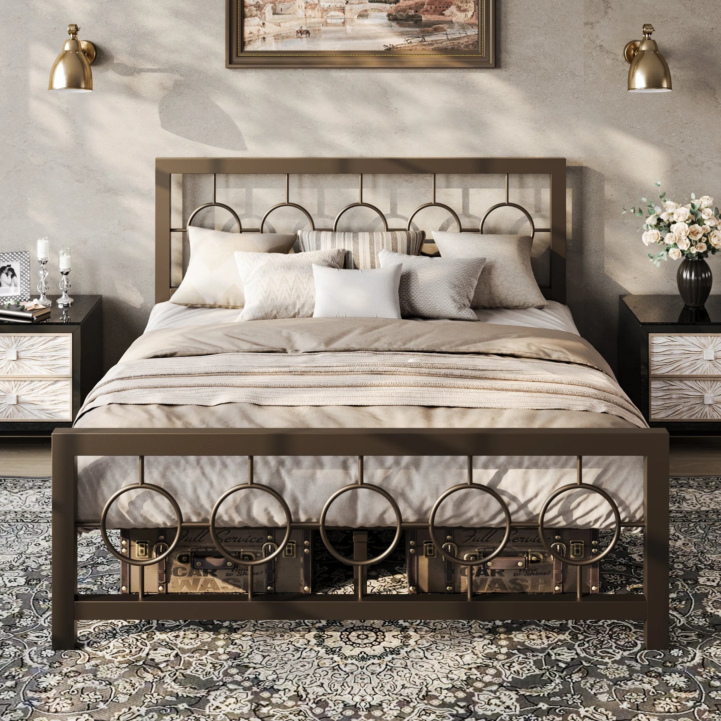 HOOMIC Metal Platform Bed Frame With Vintage Headboard And Storage