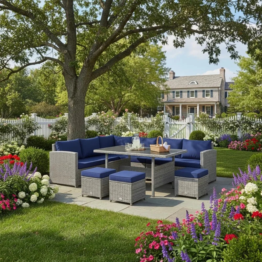 Patio Rattan Sectional Dining Set With All Weather Cushions