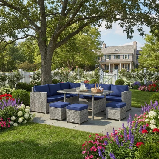 Patio Rattan Sectional Dining Set With All Weather Cushions