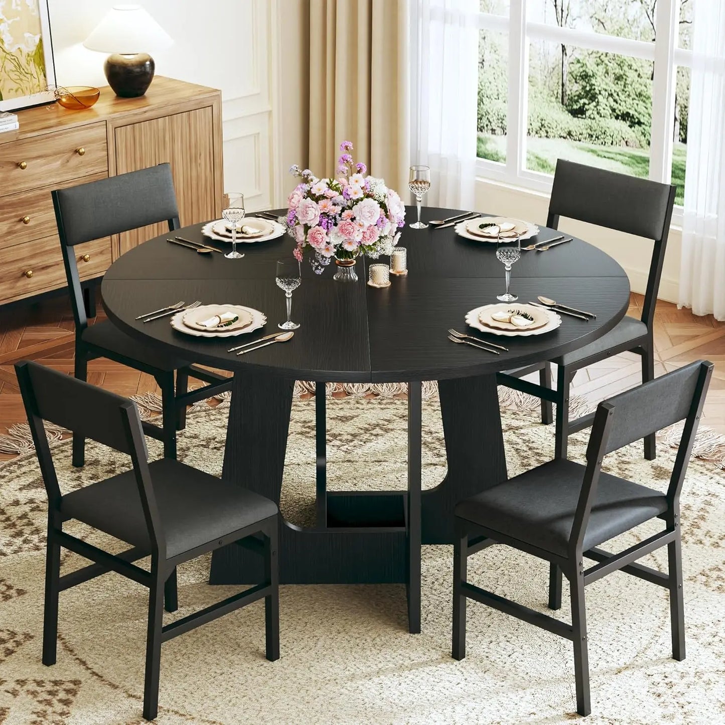 Round Dining Table Set for Six with Wood Base and Modern Style
