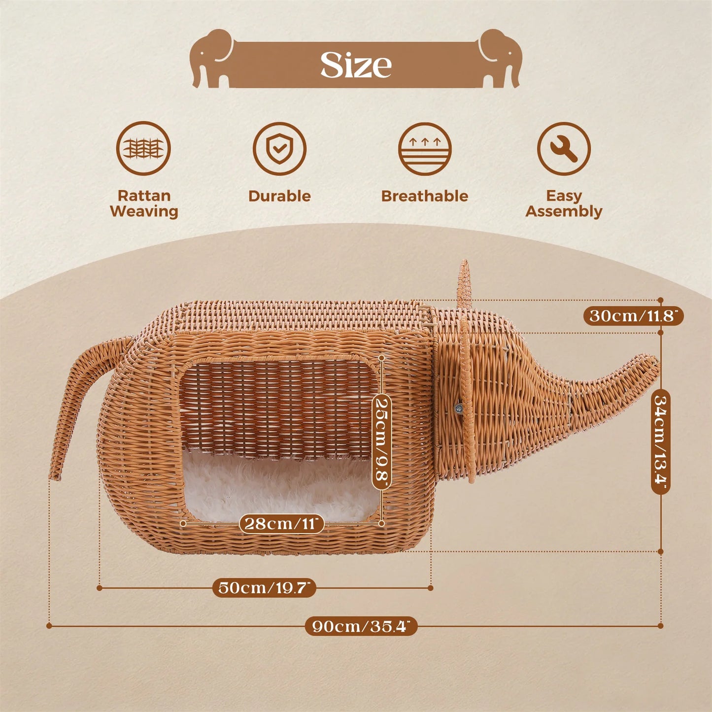 PEQULTI Handmade Elephant Rattan Cat Condo Bed Plush Hideaway