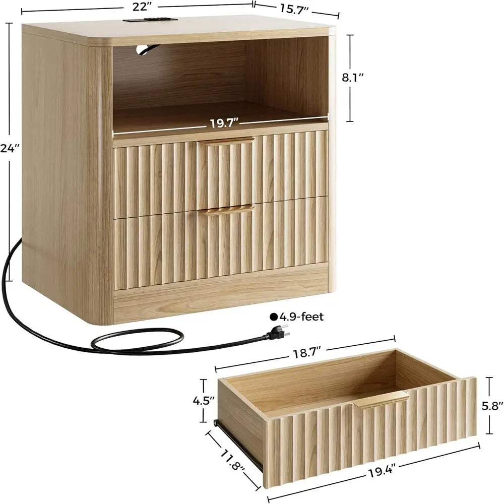 IRONCK Fluted Nightstand Set Of 2 With Charging Station