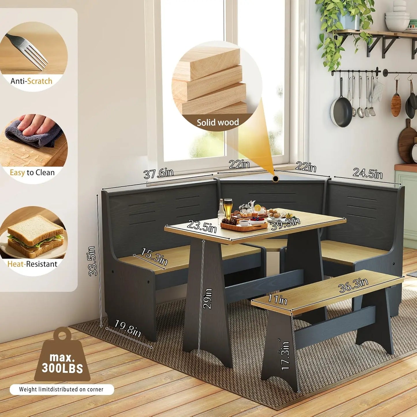 L-Shaped Breakfast Nook Set With Hidden Storage Bench