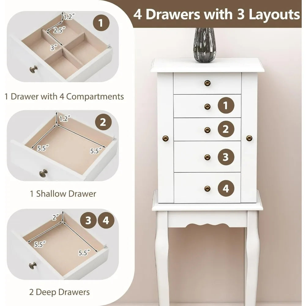 Standing Jewelry Armoire Cabinet With Mirror Top And Drawers