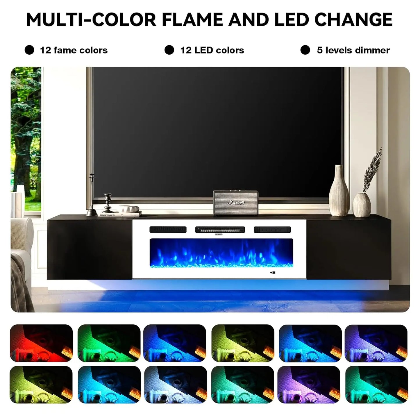 Floating TV Stand With Electric Fireplace And LED Media Console