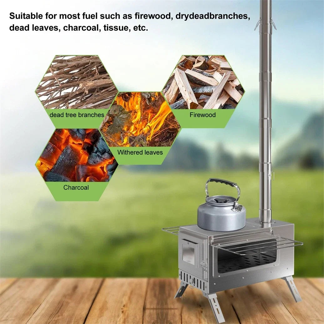 Wood Burning Portable Stove With 6 Stainless Chimney Pipes