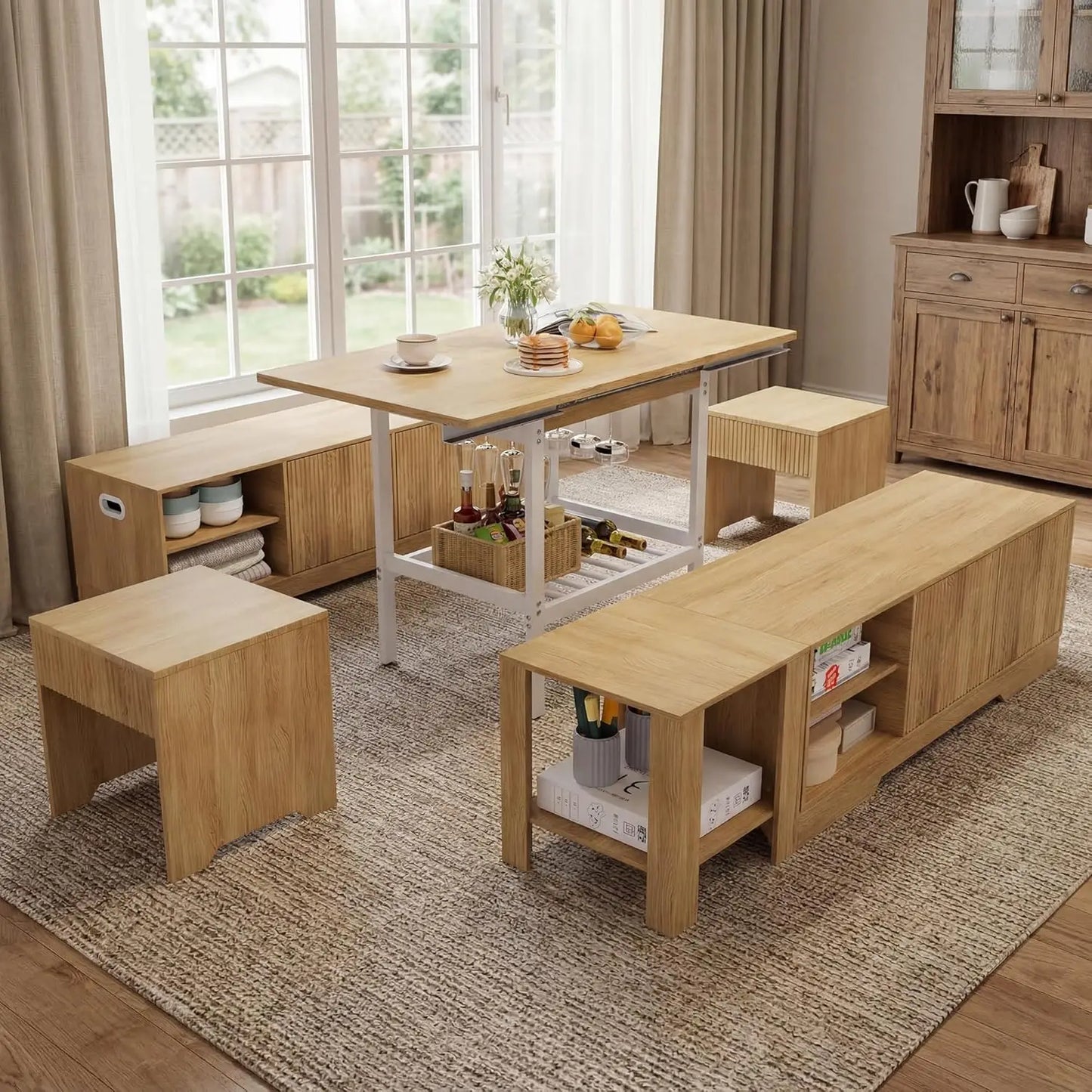 Extendable Breakfast Nook Table Set With Storage Benches And Stools