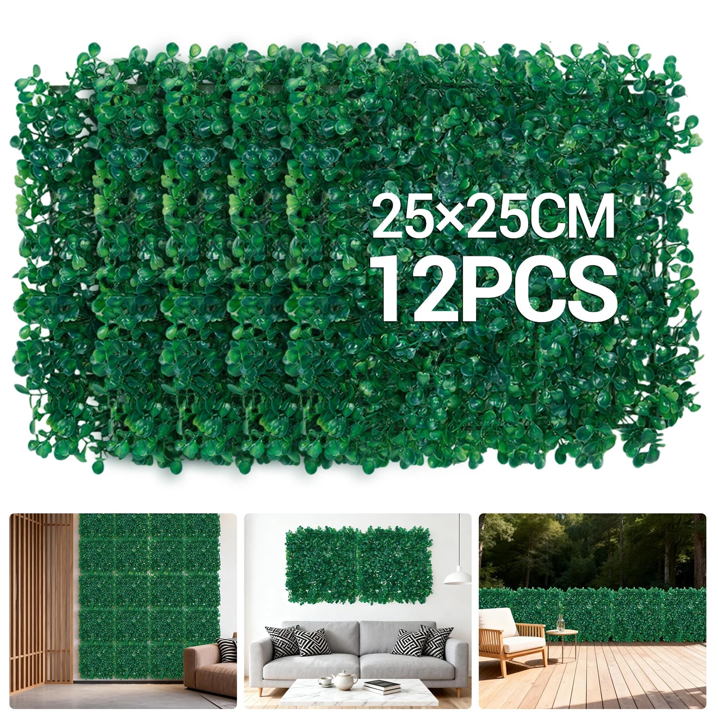 12/24 pcs Artificial Boxwood Hedge Wall Panels,25x25 cm/50x50 cm Artificial Grass Wall Backdrop,Greenery Screen Fence for Garden