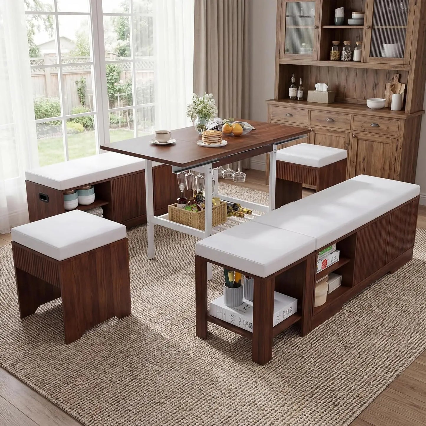 Extendable Breakfast Nook Table Set With Storage Benches And Stools