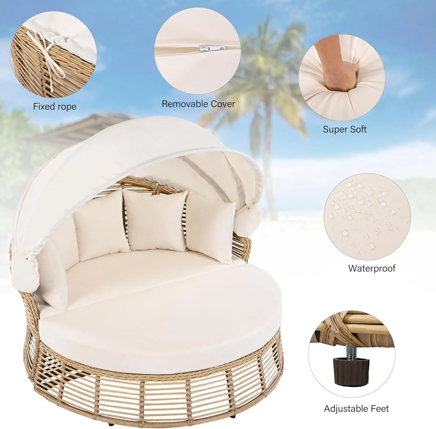 Outdoor Patio Rattan Round Daybed With Retractable Canopy Poolside