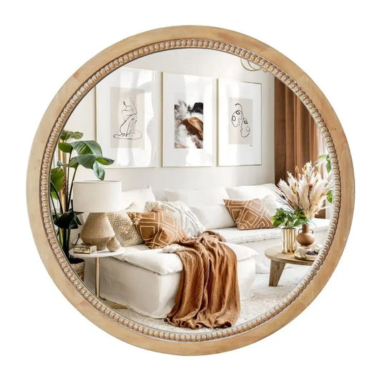 Round Wood Mirror Rustic Farmhouse Wall Mirror For Living Room