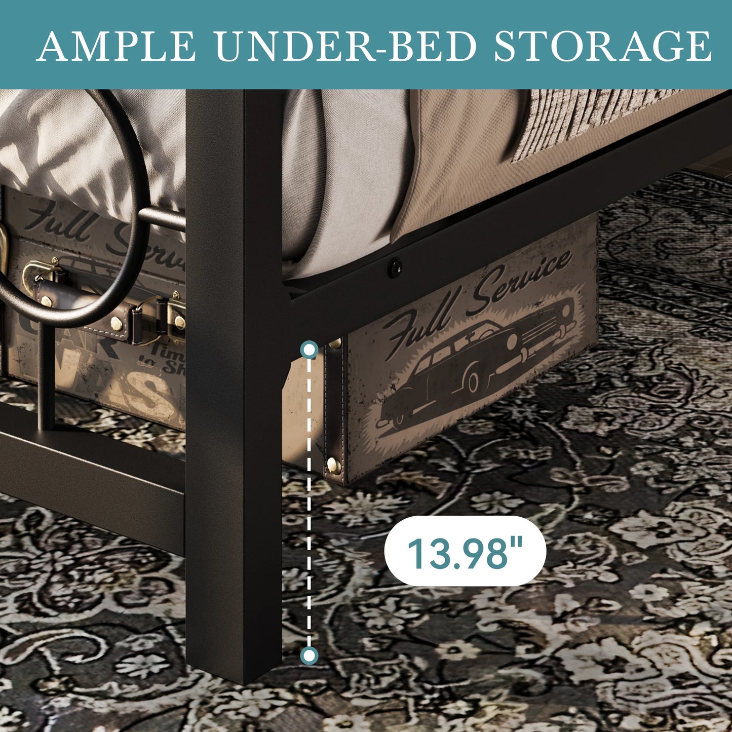 HOOMIC Metal Platform Bed Frame With Vintage Headboard And Storage