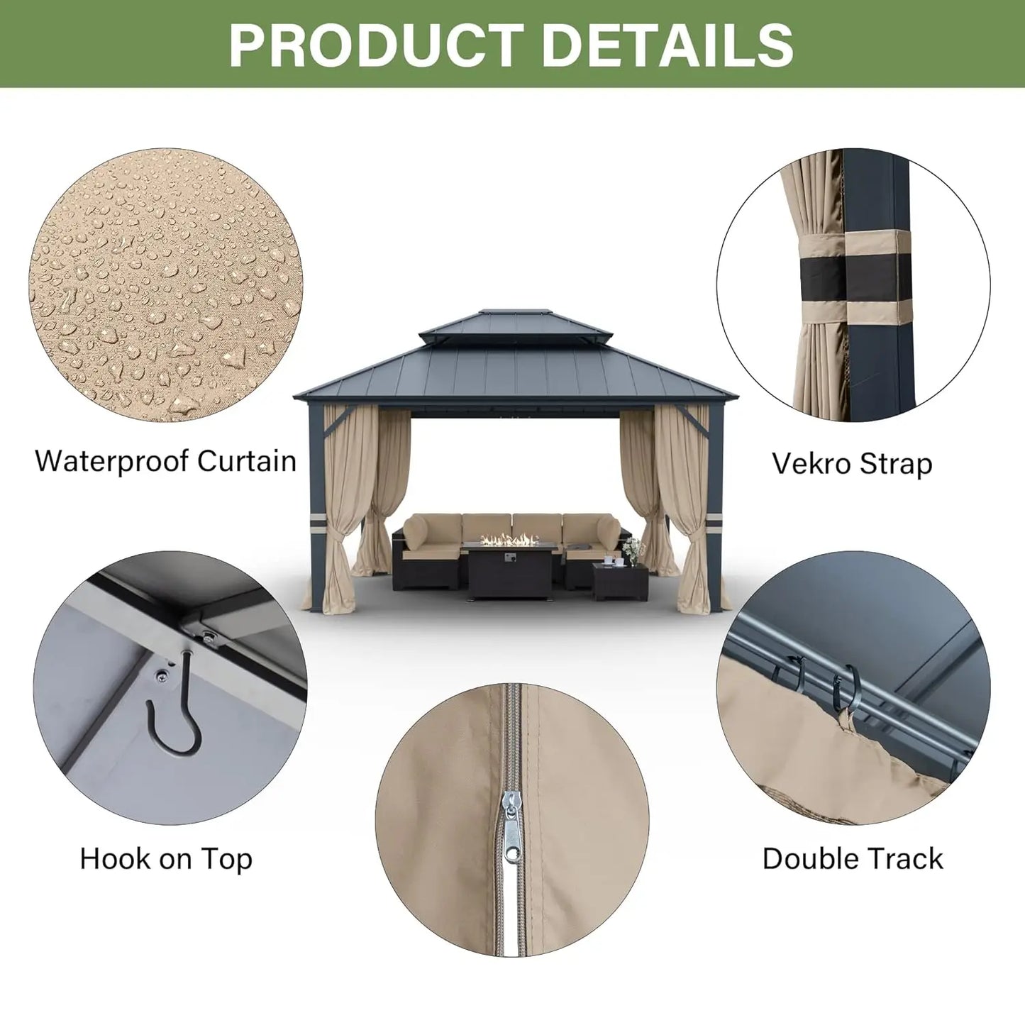 Hardtop Gazebo With Curtains And Netting For Patio And Garden