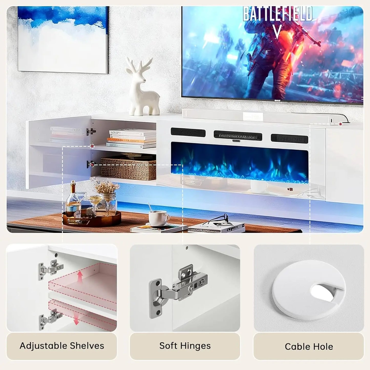 Wall Mount Floating TV Stand With LED Storage And Fireplace