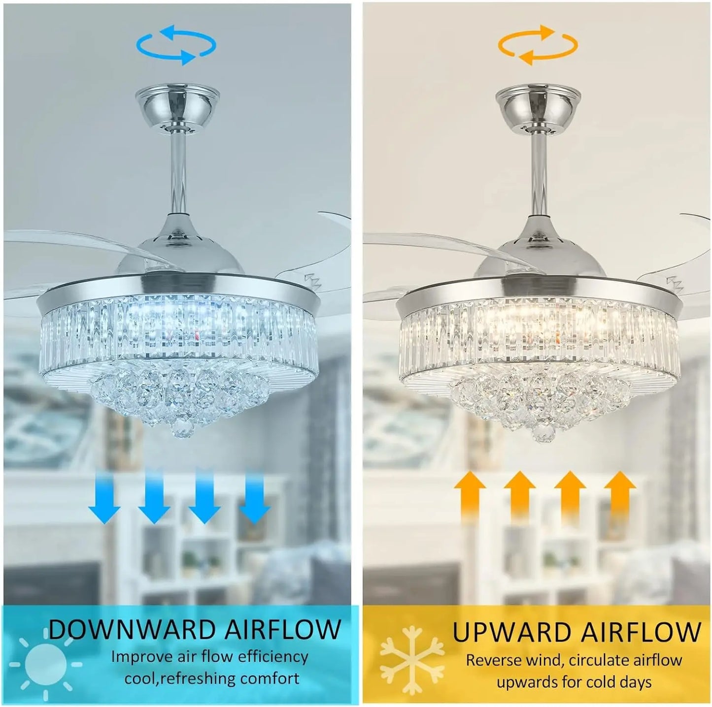 Crystal Ceiling Fan With Light Remote Retractable Blades Six Speeds