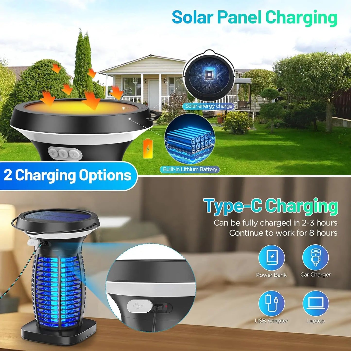 Outdoor Solar Bug Zapper With Panel Sensor And LED Night