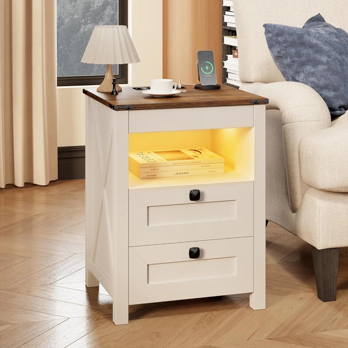 Frame LED Nightstand Set With Charging Station And Drawer