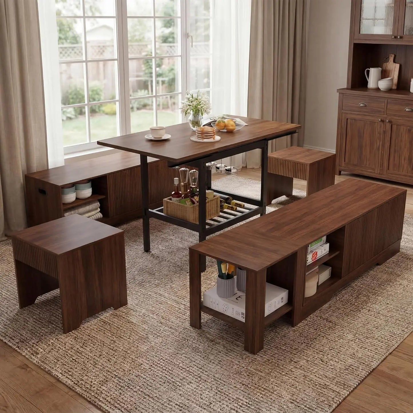 Extendable Breakfast Nook Table Set With Storage Benches And Stools
