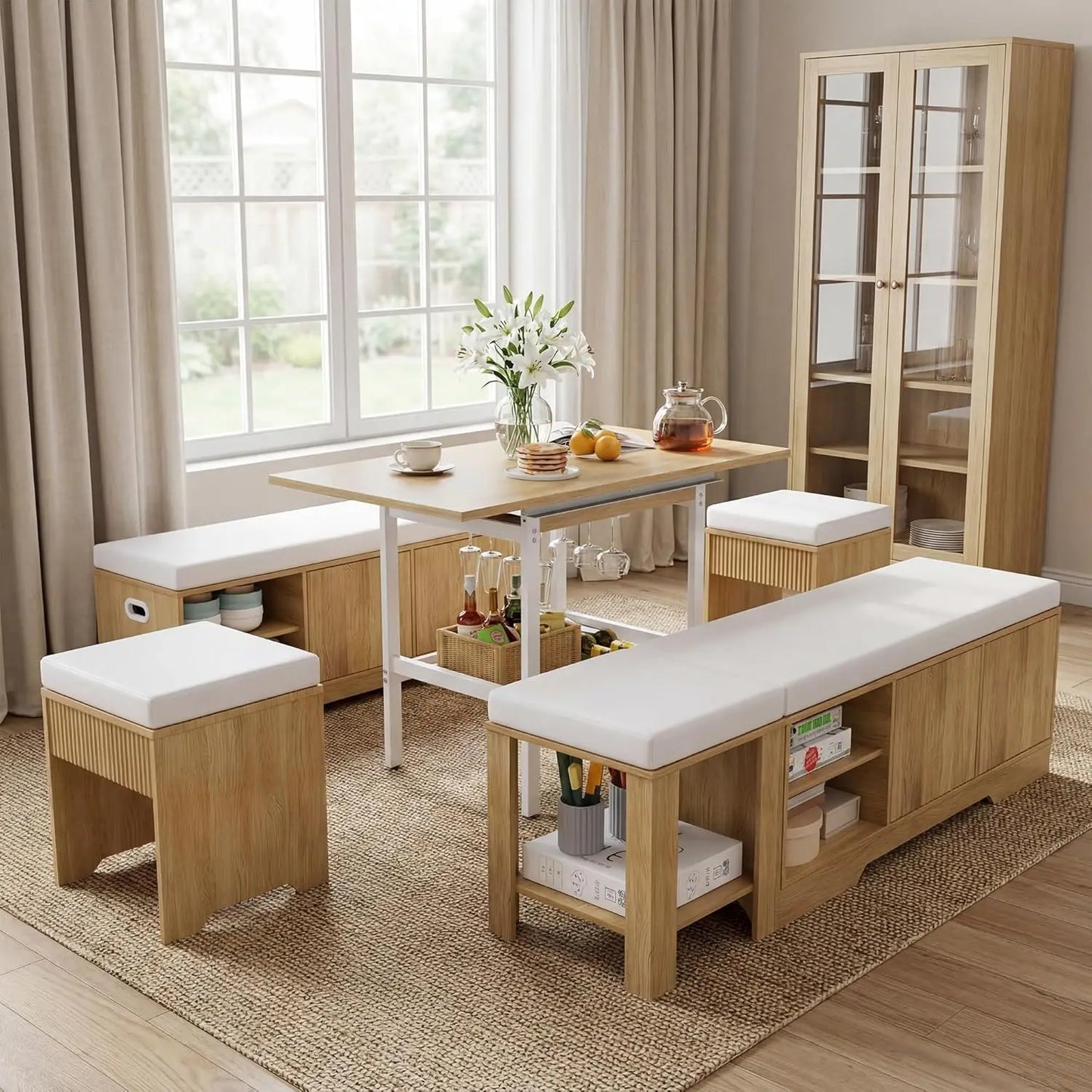 Extendable Breakfast Nook Table Set With Storage Benches And Stools