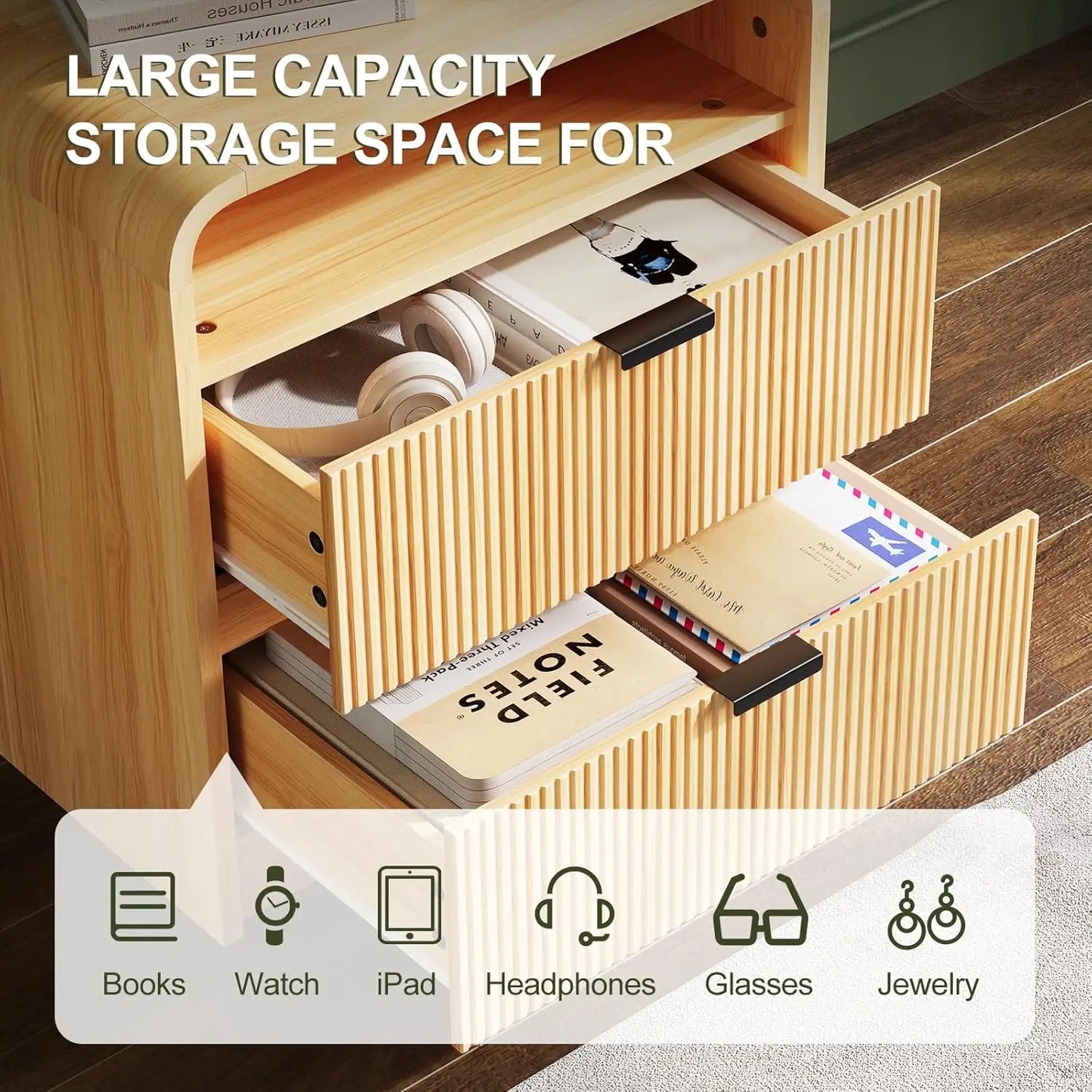 MOYU Fluted Nightstand With Charging Station And Two Drawers