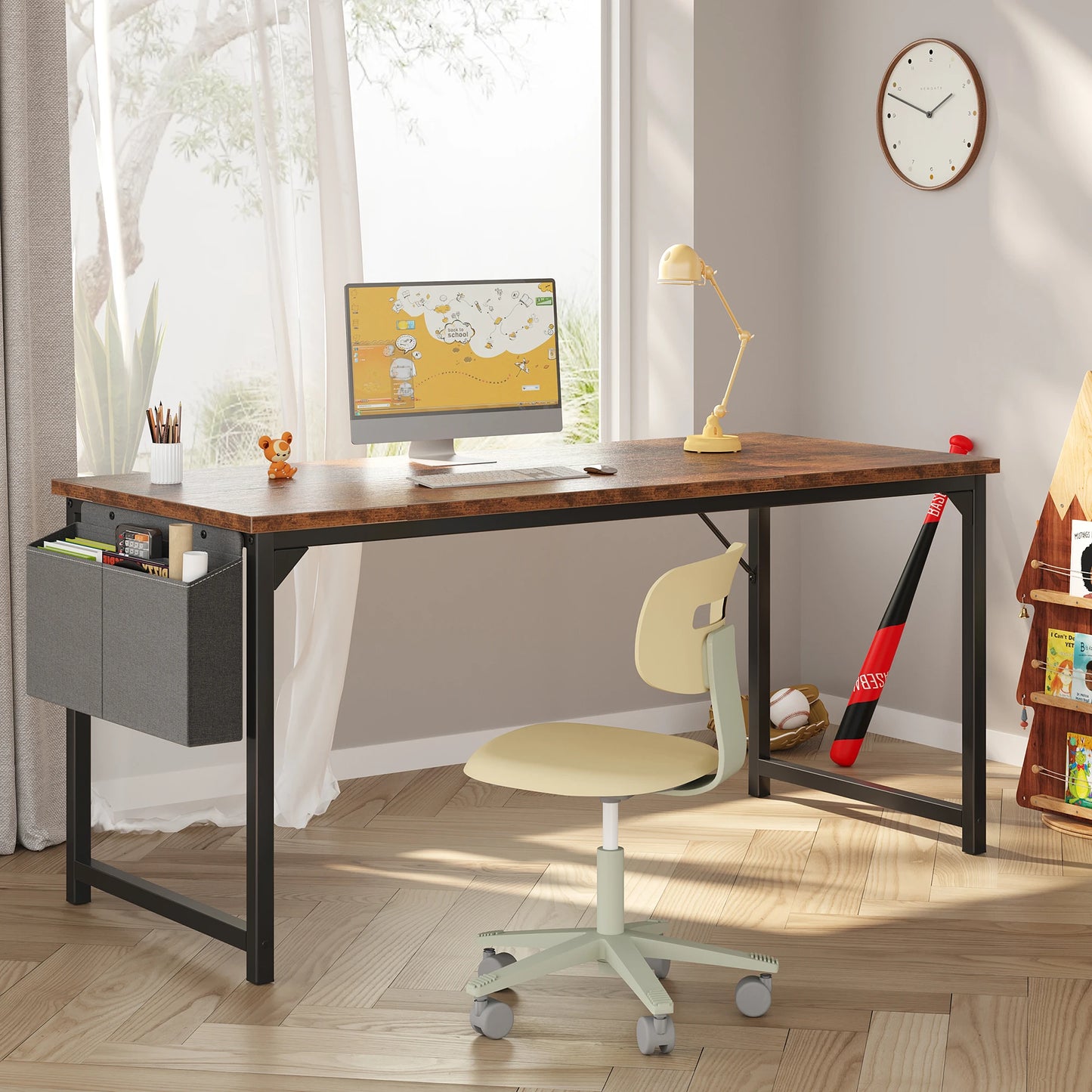 JHK Adjustable Computer Desk With Wood Top And Metal Frame