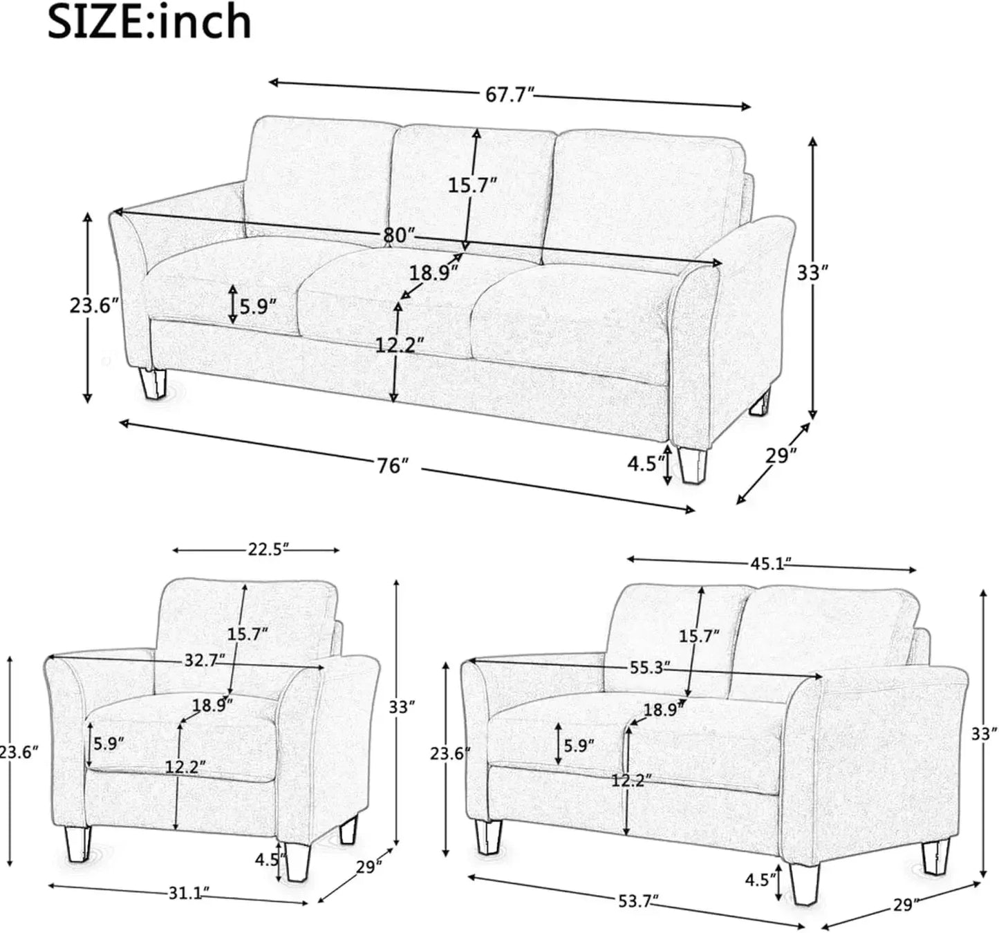 Three Piece Sectional Sofa Set For Living Room Modern Comfort