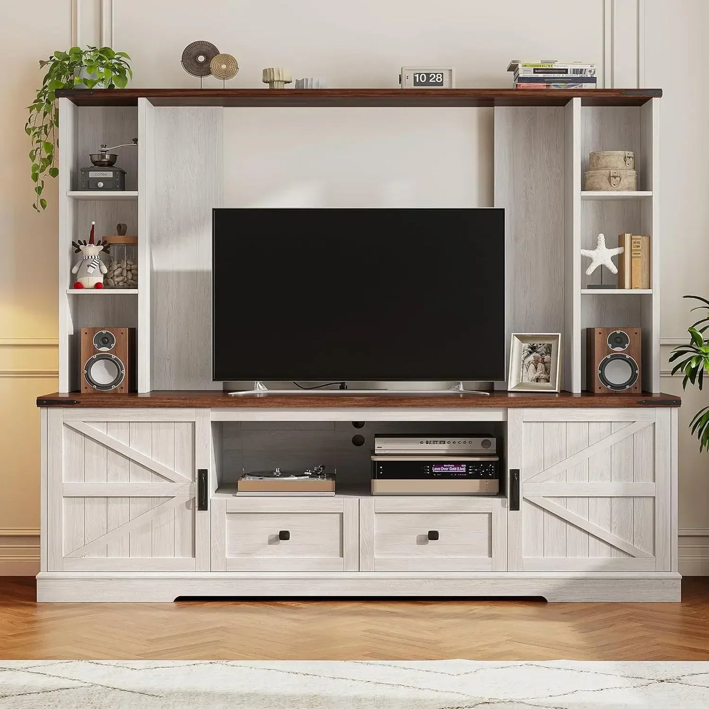 Wood TV Stand Wall Unit Entertainment Center With Adjustable Shelves