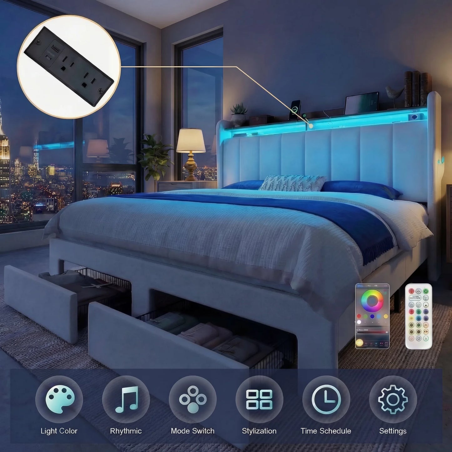HOOMIC Bed Frame With LED Lights, Storage Drawers, Charging Station