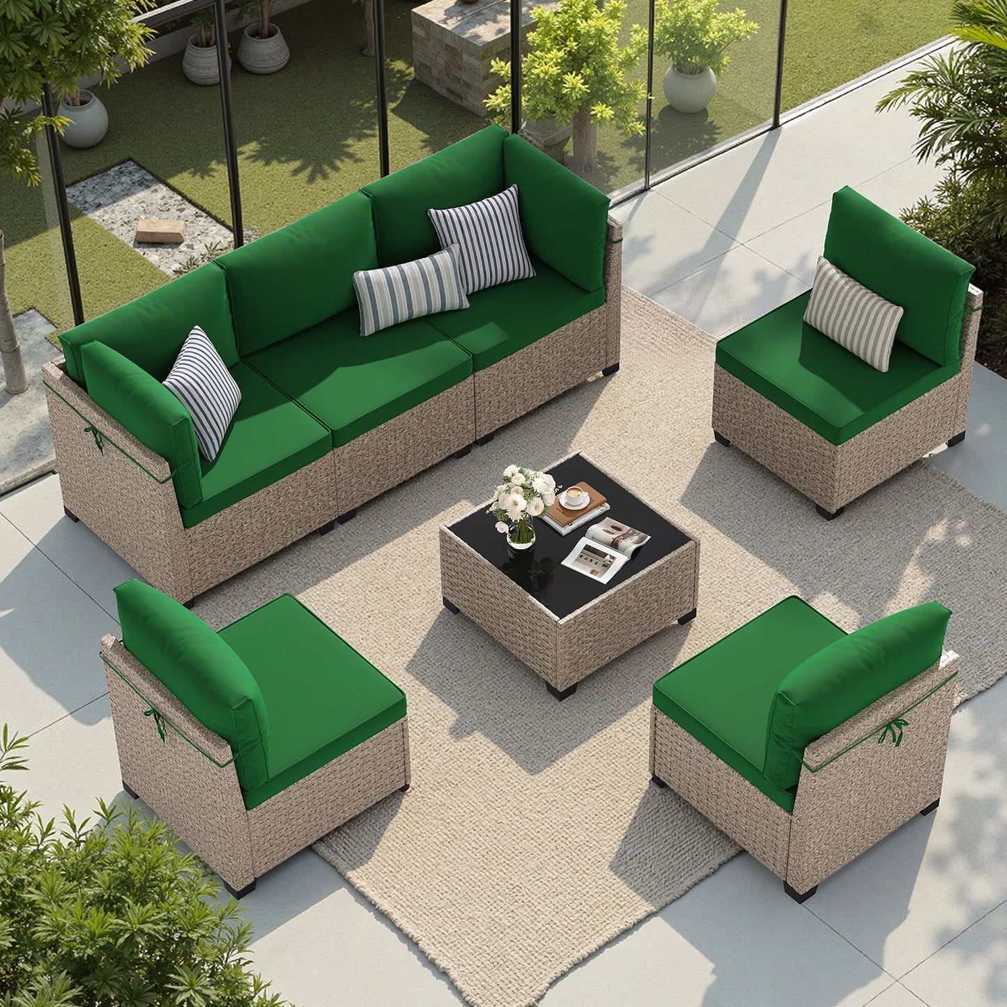 Outdoor 7 Piece Furniture Set Sectional Sofa Tempered Glass Table