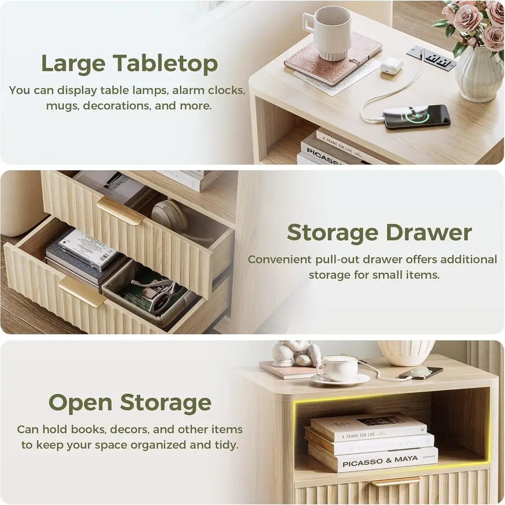 IRONCK Fluted Nightstand Set Of 2 With Charging Station