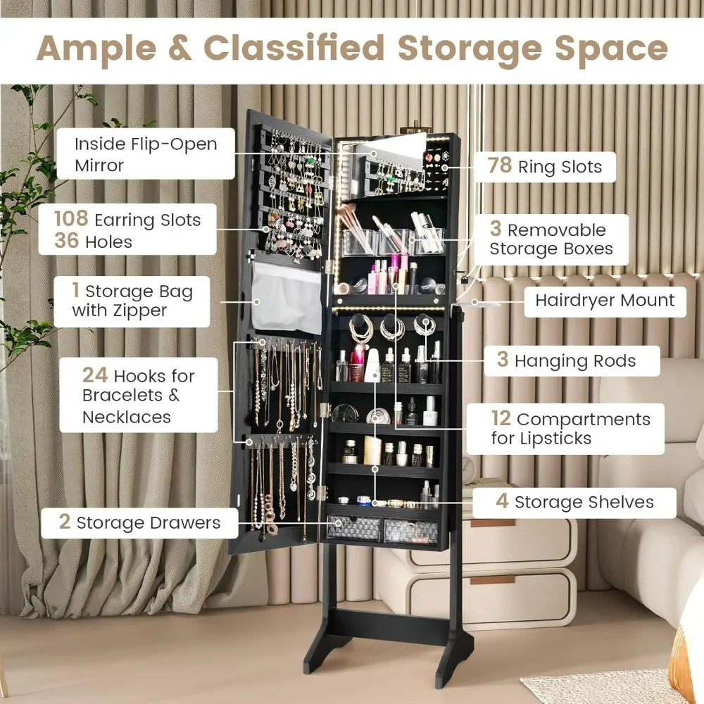 Jewelry Cabinet Armoire With Mirror And LED Lights