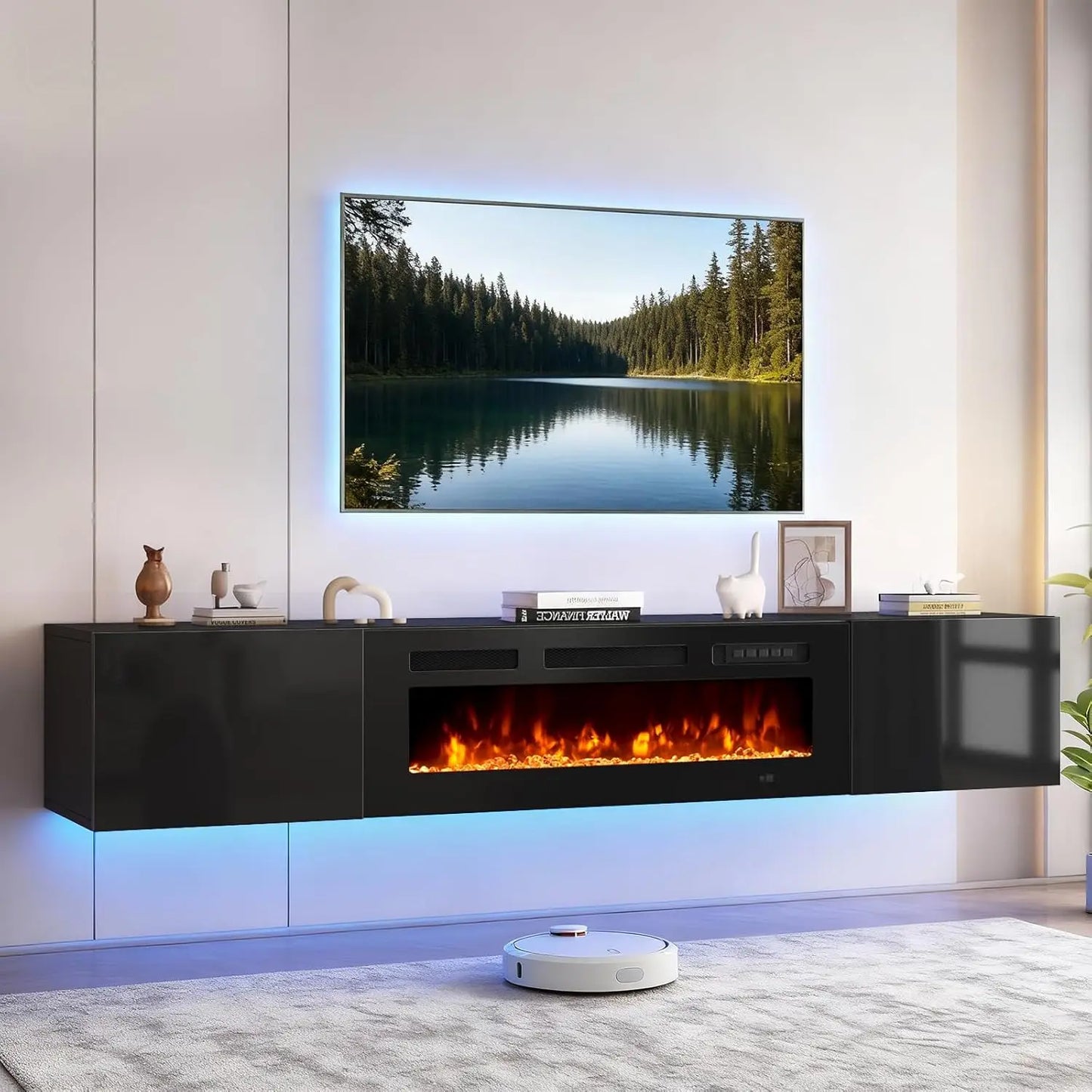 Floating TV Stand With Electric Fireplace And LED Media Console