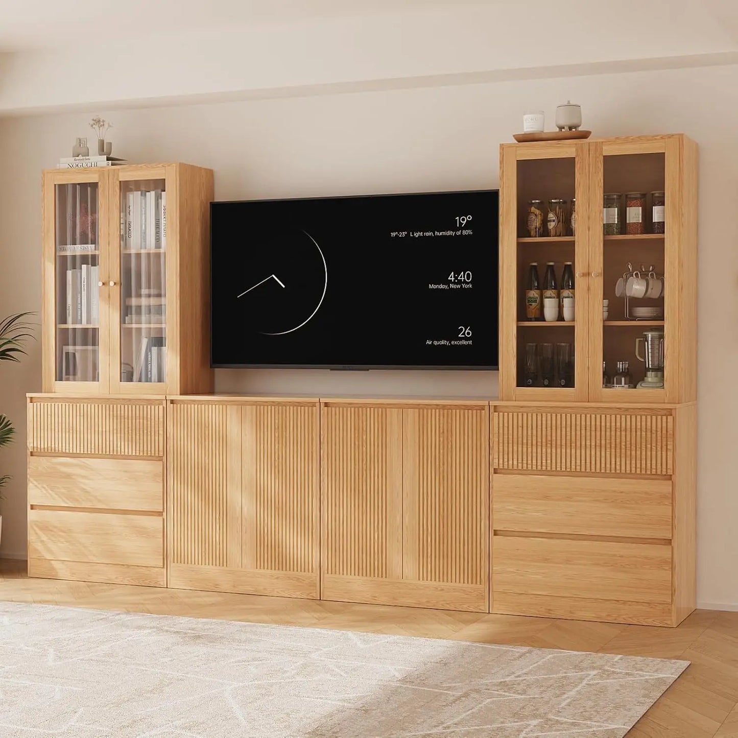 Living Room TV Stand Bookshelf Cabinet Set With Glass Doors