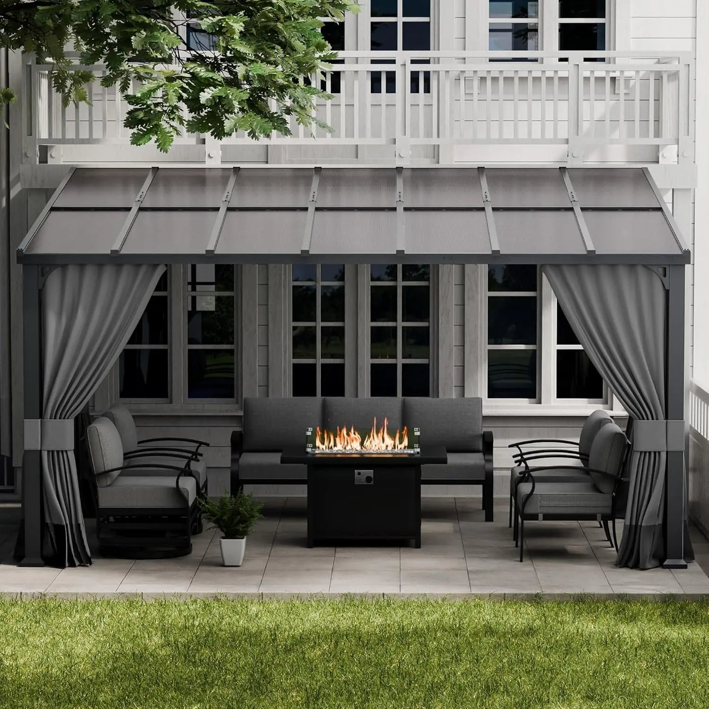 Wall Mounted Hardtop Pergola With Curtains And Netting