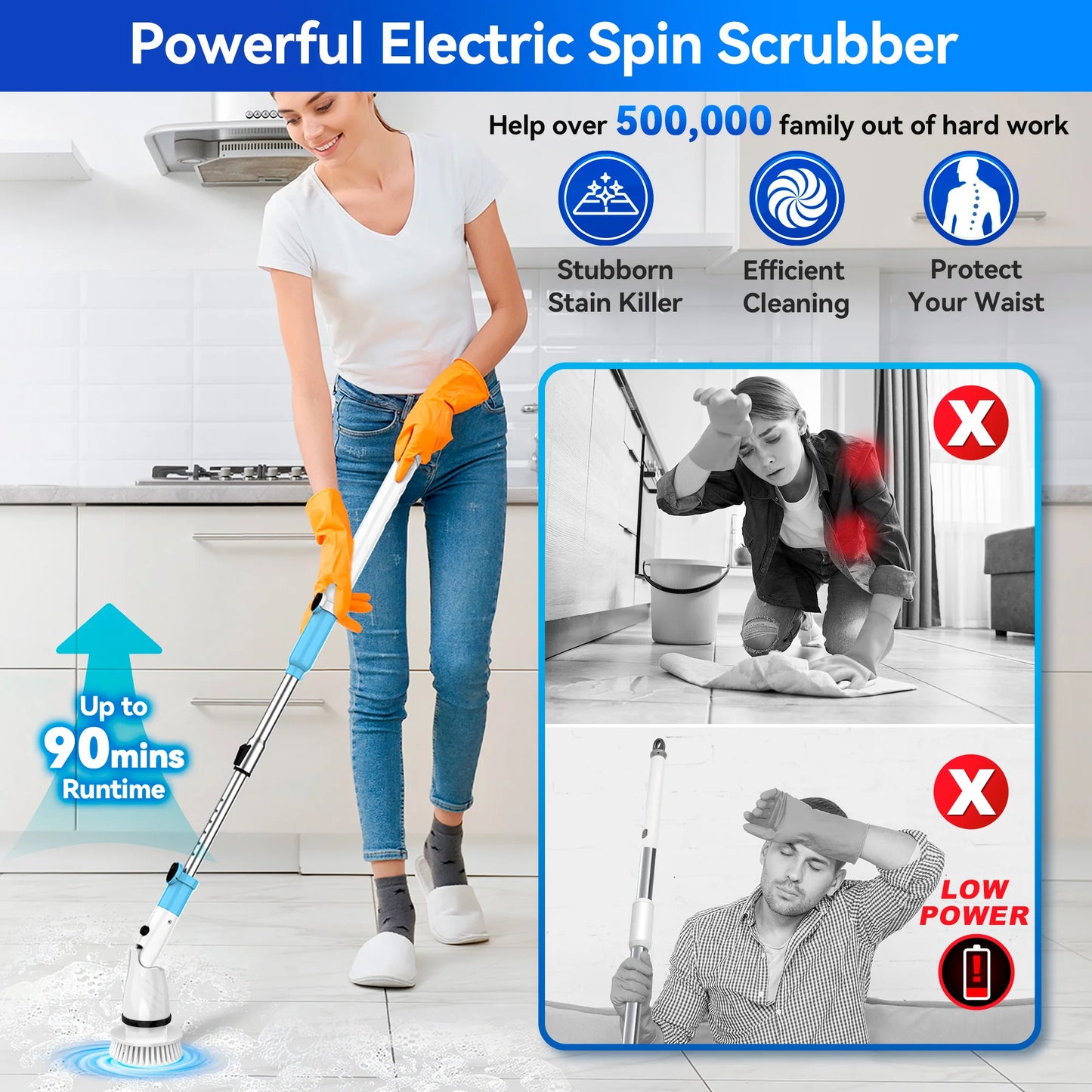 INSE 450RPM Cordless Spin Scrubber With 5 Replaceable Brushes