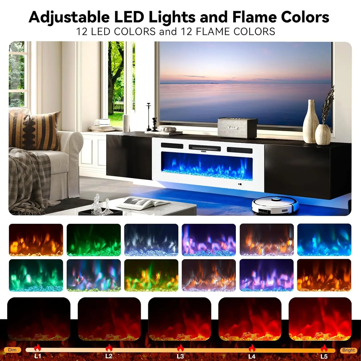 Floating TV Stand With Electric Fireplace And LED Media Console